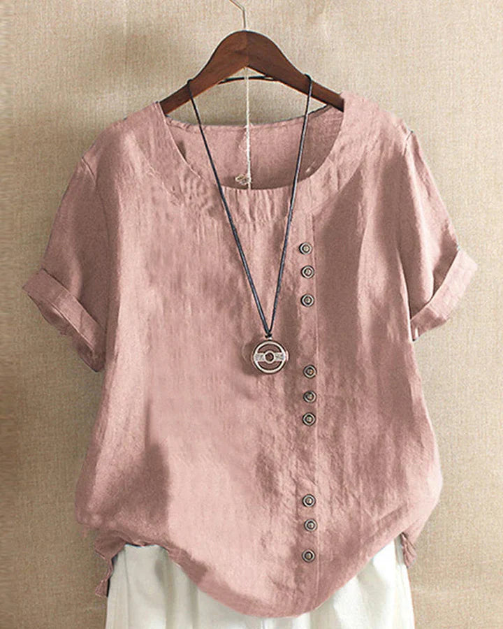 Kelly | Ensfarget kortermet bluse med rund hals